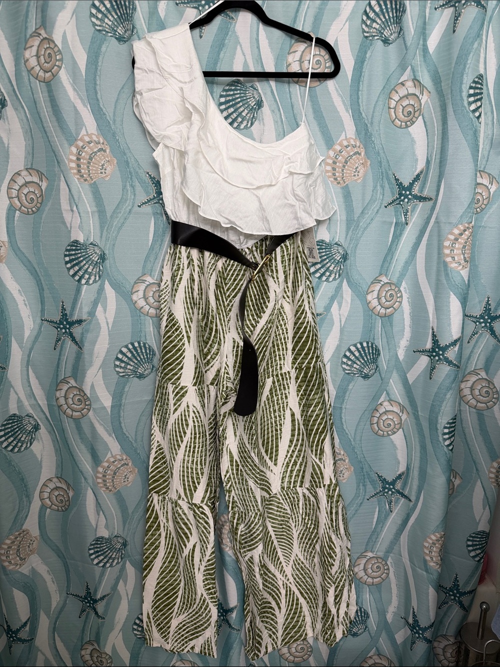 Women’s One-Shoulder Ruffle Jumpsuit - White & Olive